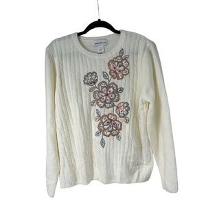 Alfred Dunner Glacier Lake Ivory Floral Soft Chenille Pullover Sweater Sz L Wome